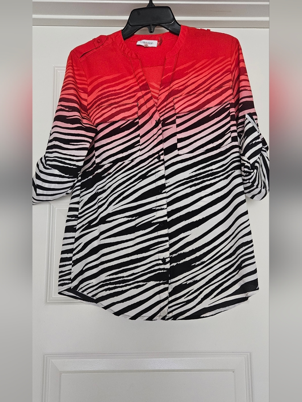 Calvin Klein Women’s Red Ombre Zebra Print Button-Up Top